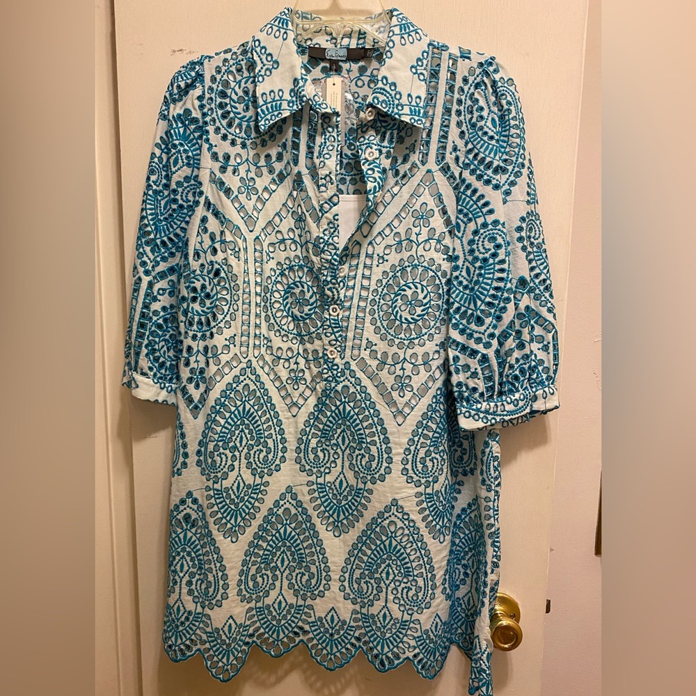 NWT Eva Franco eyelet dress turquoise white eyelet, size S Petite